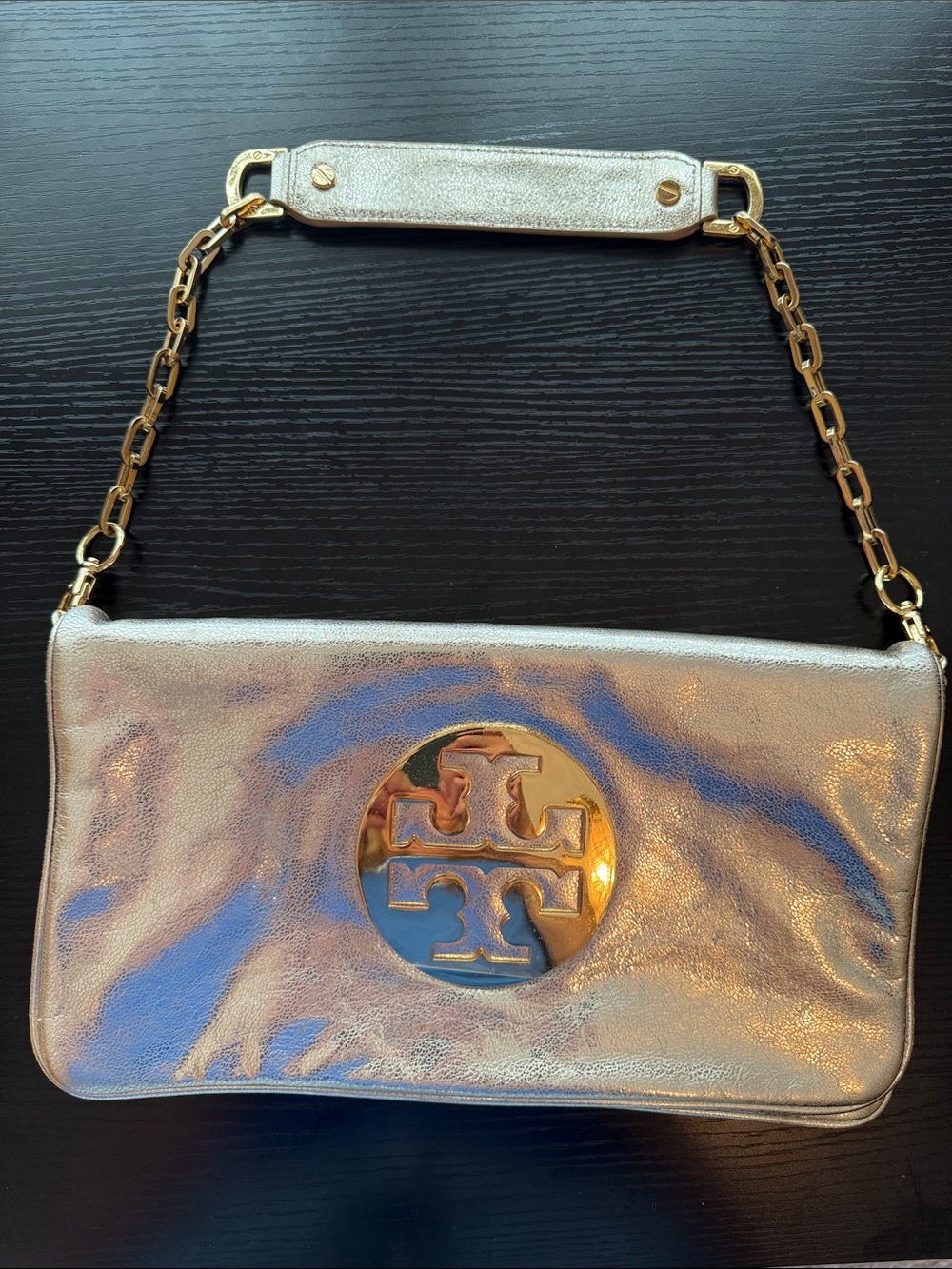 Tory Burch Shimmering Gold Logo Chain Shoulder Bag